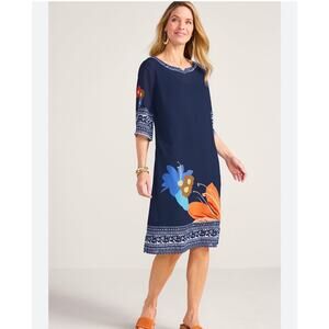 Soft Surroundings Navy Blue Tropical Floral Knee Length Kaftan Dress